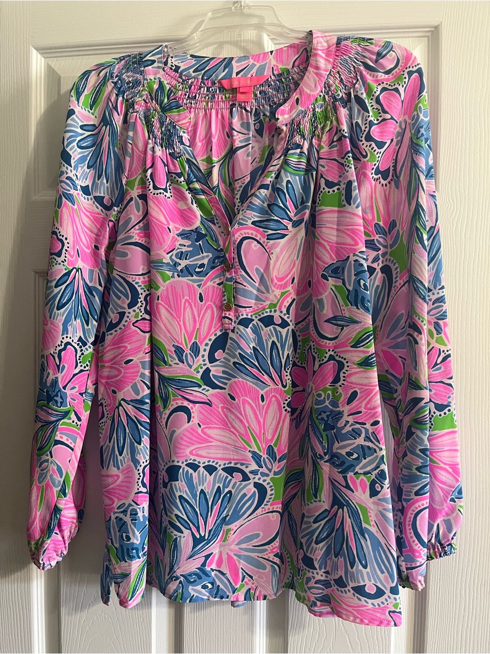 Lilly Pulitzer Pink & Blue Floral Smocked-Neck Tunic
